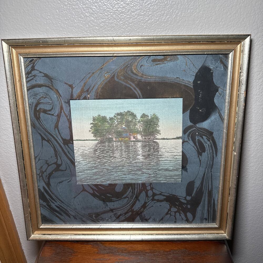 VTG Framed Petit Point Needlework Island Cottage Landscape Embroidery 60s-70s